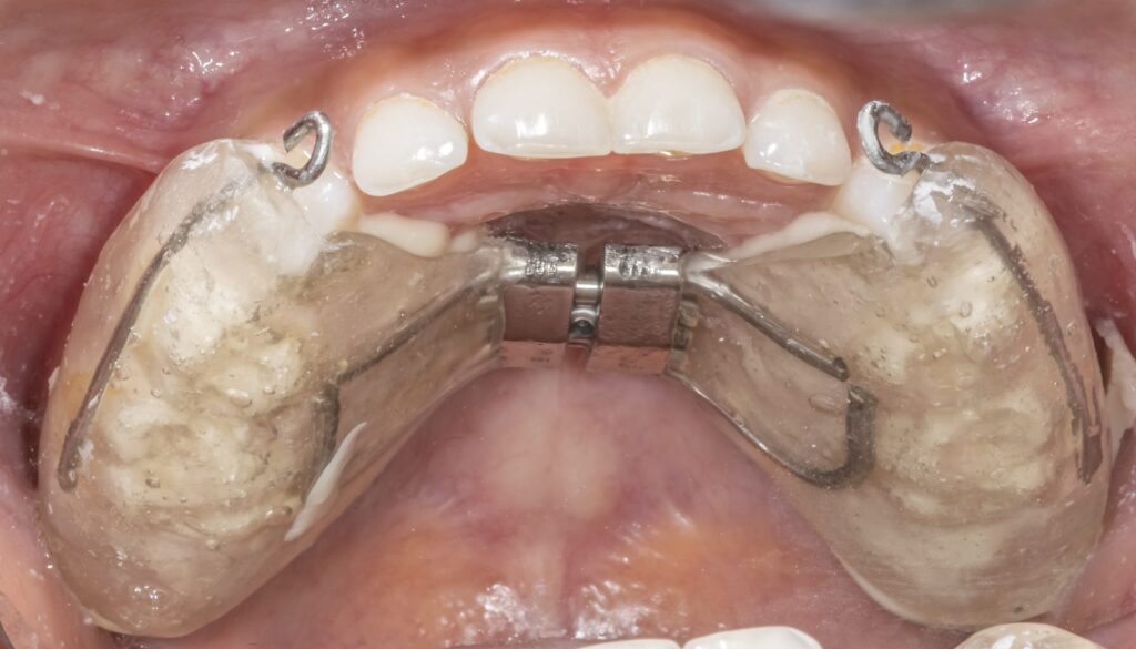 Palatal expander fitted to the upper jaw to correct a crossbite